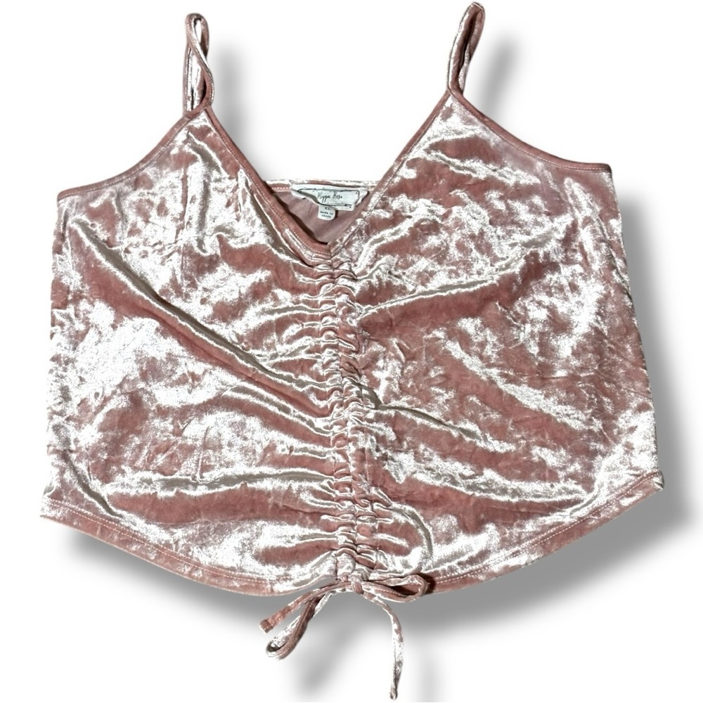 Hippie Rose Baby Pink Velour Ruched Drawstring Thin Straps Cropped Camisole Top - Picture 11 of 16